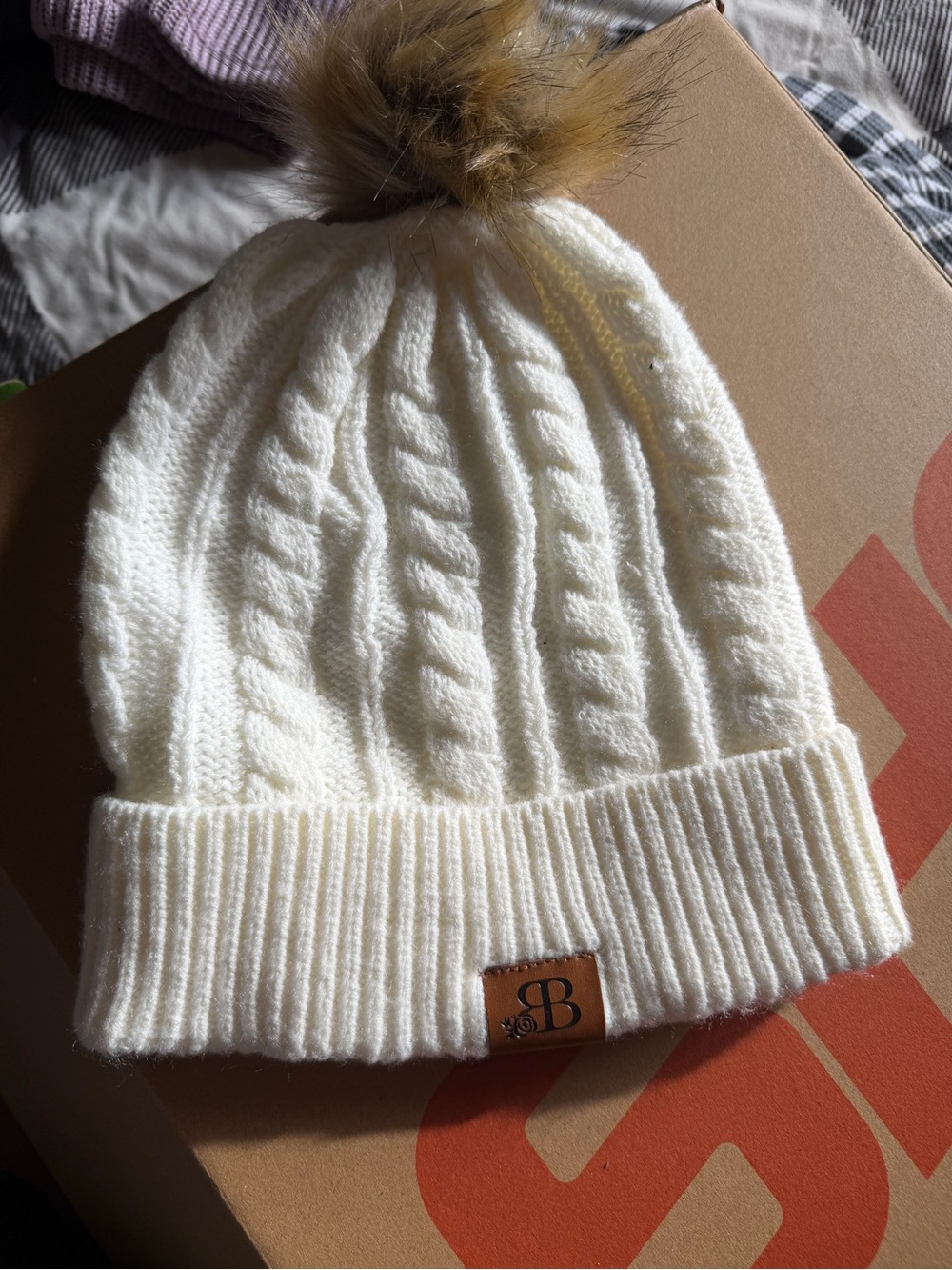 Kids Cream Cable-Knit Beanie with Faux Fur Pom and Branded Patch